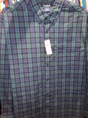 Haggar Teal and Navy Plaid Long-Sleeve Button-Down Shirt